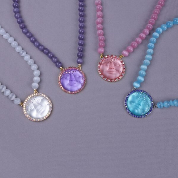 18k Gold Plated Vintage Style Moon Face Round  Pendant Cat Eye Stone Beaded Chain Purple / Pink / White / Blue