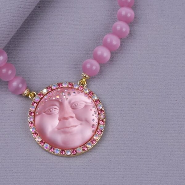 18k Gold Plated Vintage Style Moon Face Round  Pendant Cat Eye Stone Beaded Chain Purple / Pink / White / Blue - Image 5