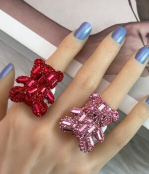 Sparkle Rhinestone Inlaid Cute Bear Ring Red / Pink Fixed US Size 7~8 White Resin Ring Band