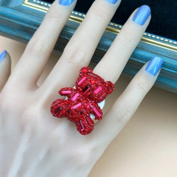Sparkle Rhinestone Inlaid Cute Bear Ring Red / Pink Fixed US Size 7~8 White Resin Ring Band - Image 2