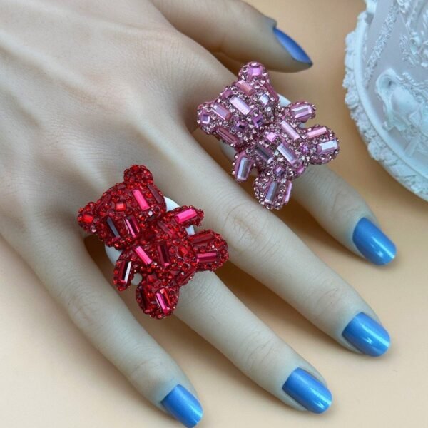 Sparkle Rhinestone Inlaid Cute Bear Ring Red / Pink Fixed US Size 7~8 White Resin Ring Band - Image 6
