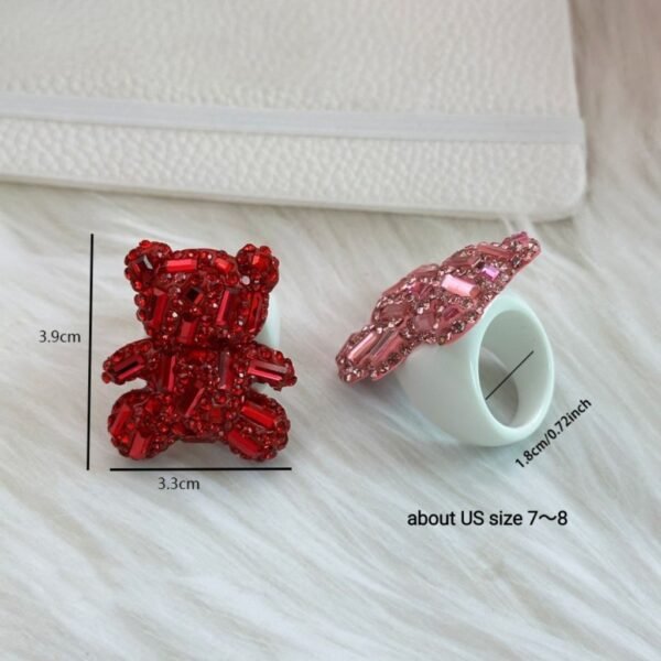 Sparkle Rhinestone Inlaid Cute Bear Ring Red / Pink Fixed US Size 7~8 White Resin Ring Band - Image 7