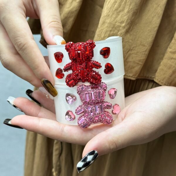 White Bangle Cute Big Bear and Heart Rhinestone Inlaid Open Size Bracelet Red / Pink Small Size - Image 5