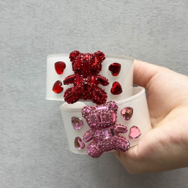White Bangle Cute Big Bear and Heart Rhinestone Inlaid Open Size Bracelet Red / Pink Small Size - Image 4
