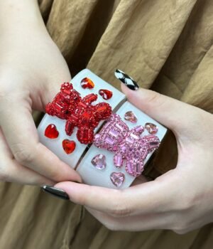 White Bangle Cute Big Bear and Heart Rhinestone Inlaid Open Size Bracelet Red / Pink Small Size