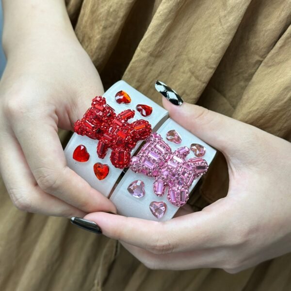 White Bangle Cute Big Bear and Heart Rhinestone Inlaid Open Size Bracelet Red / Pink Small Size