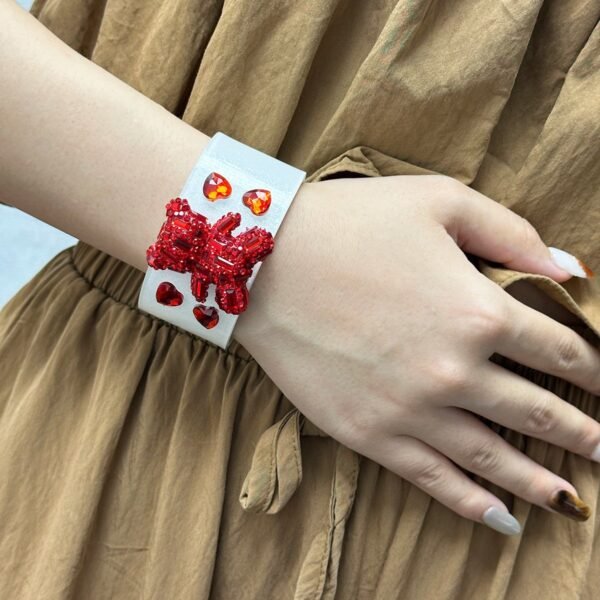 White Bangle Cute Big Bear and Heart Rhinestone Inlaid Open Size Bracelet Red / Pink Small Size - Image 3