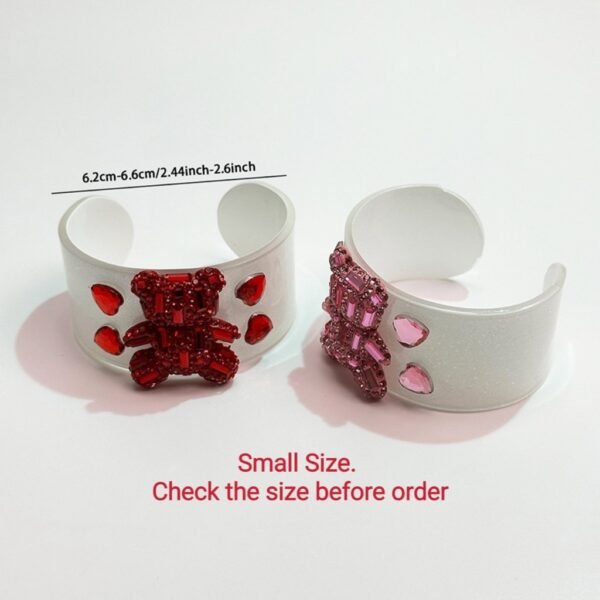 White Bangle Cute Big Bear and Heart Rhinestone Inlaid Open Size Bracelet Red / Pink Small Size - Image 2