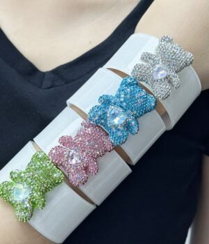 Colorful Rhinestone Inlaid Cute Bear White Color Bangle Small Size Green Blue Pink Clear Color