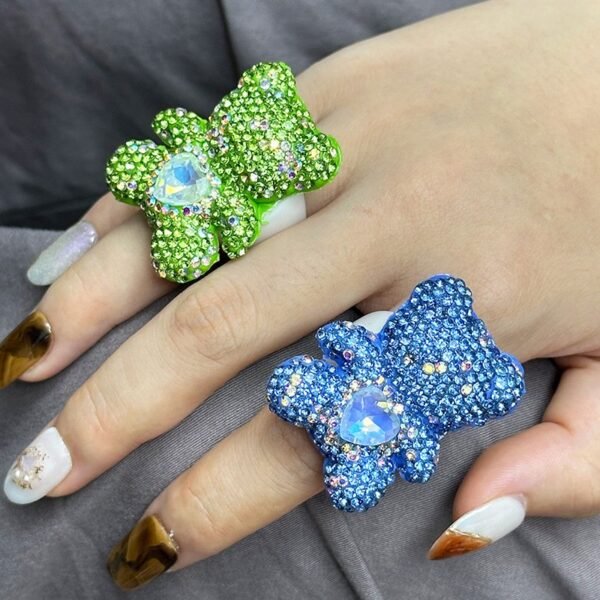 Shining Sparkling Rhinestone Inlaid Cute Bear Ring with White Color Ring Band Clear / Pink / Blue / Green Fixed US Size 7~8 - Image 5