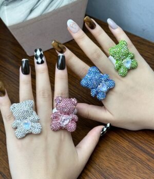 Shining Sparkling Rhinestone Inlaid Cute Bear Ring with White Color Ring Band Clear / Pink / Blue / Green Fixed US Size 7~8