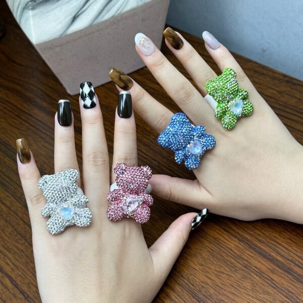Shining Sparkling Rhinestone Inlaid Cute Bear Ring with White Color Ring Band Clear / Pink / Blue / Green Fixed US Size 7~8