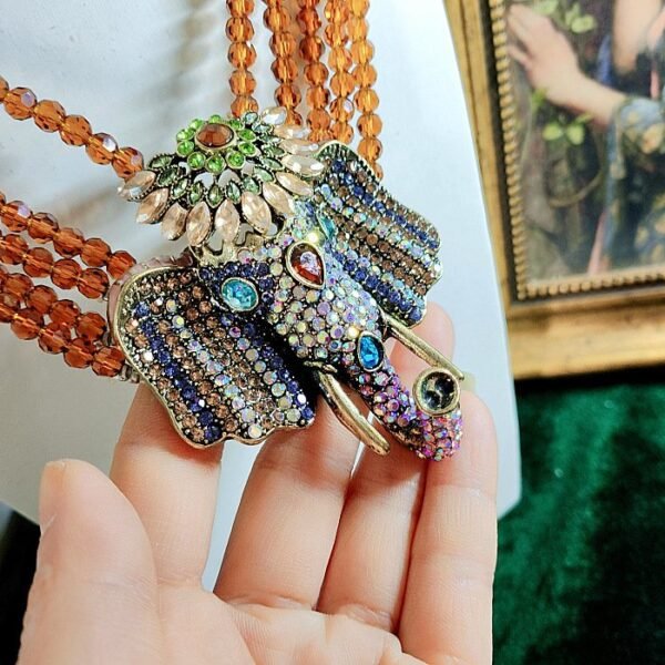 Maximelism Vintage Style Big Rhinestone Inlaid Elephant Head Pendant Orange Beaded Chain Layer Necklace - Image 3