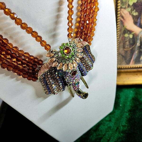 Maximelism Vintage Style Big Rhinestone Inlaid Elephant Head Pendant Orange Beaded Chain Layer Necklace - Image 2