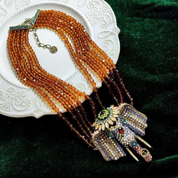 Maximelism Vintage Style Big Rhinestone Inlaid Elephant Head Pendant Orange Beaded Chain Layer Necklace - Image 4