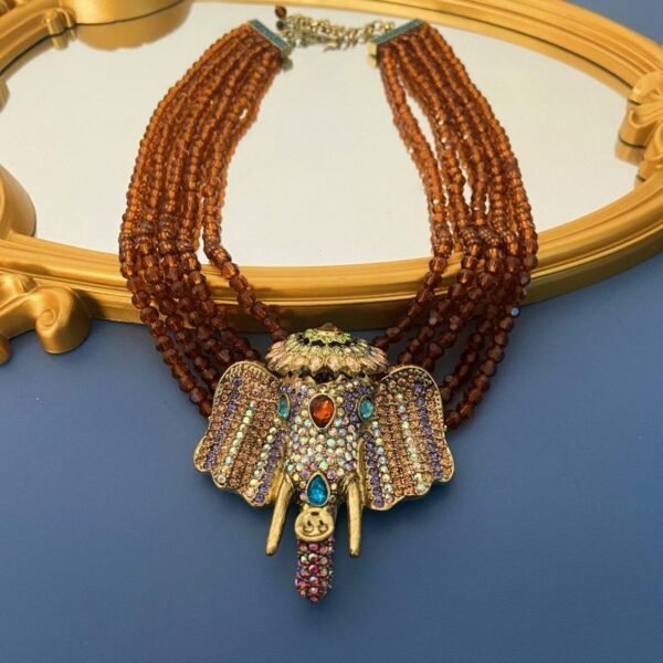 Maximelism Vintage Style Big Rhinestone Inlaid Elephant Head Pendant Orange Beaded Chain Layer Necklace