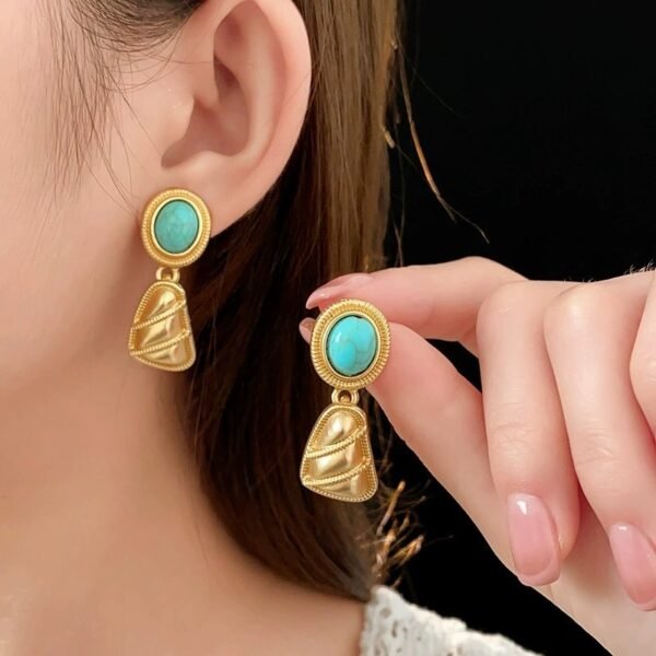 Artificial Turquoise Stone Green Stones Matte Gold Colorful Jewelry Set Dangle Earrings Bracelet Necklace - Image 5