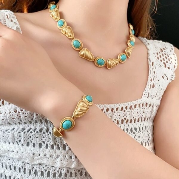 Artificial Turquoise Stone Green Stones Matte Gold Colorful Jewelry Set Dangle Earrings Bracelet Necklace - Image 4