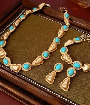 Artificial Turquoise Stone Green Stones Matte Gold Colorful Jewelry Set Dangle Earrings Bracelet Necklace
