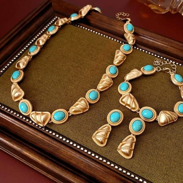 Artificial Turquoise Stone Green Stones Matte Gold Colorful Jewelry Set Dangle Earrings Bracelet Necklace