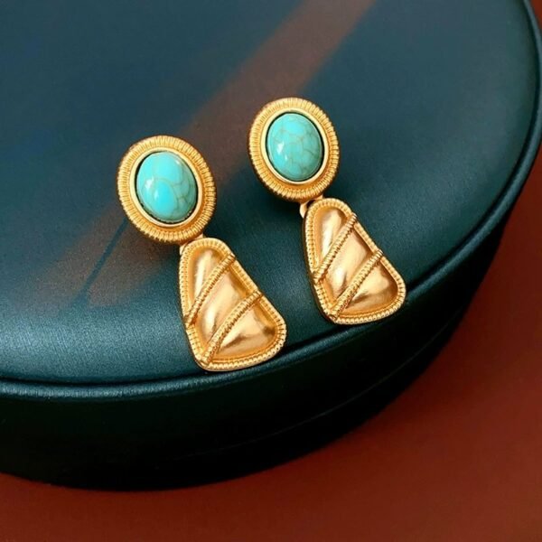 Artificial Turquoise Stone Green Stones Matte Gold Colorful Jewelry Set Dangle Earrings Bracelet Necklace - Image 2