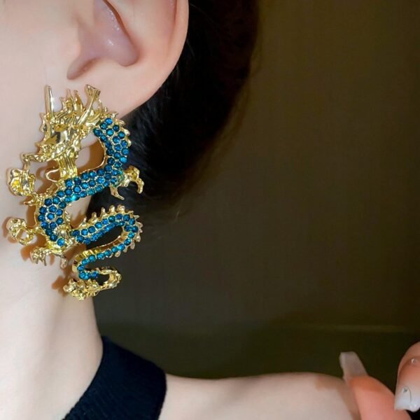 Chinese Style Dragon Stud Earrings Rhinestone Inlaid Big Animal Earrings - Image 5