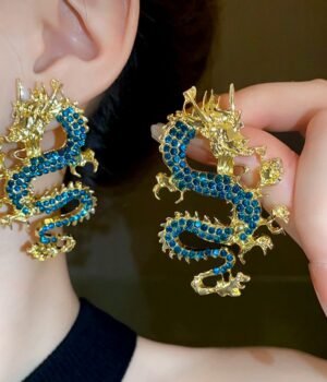 Chinese Style Dragon Stud Earrings Rhinestone Inlaid Big Animal Earrings