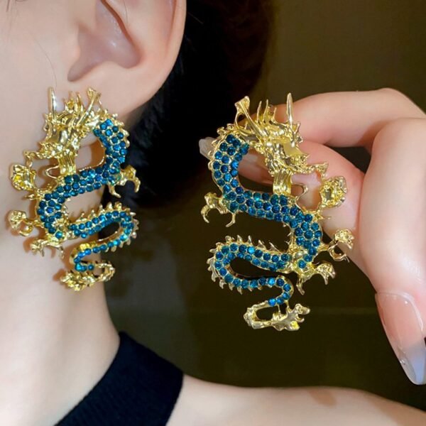 Chinese Style Dragon Stud Earrings Rhinestone Inlaid Big Animal Earrings