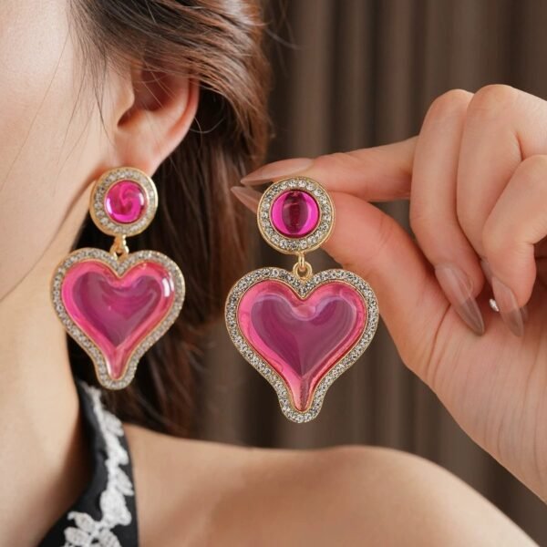 Big Dangle Earrings Rhinestone Inlaid Resin Pink Heart Shape