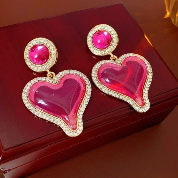 Big Dangle Earrings Rhinestone Inlaid Resin Pink Heart Shape - Image 3