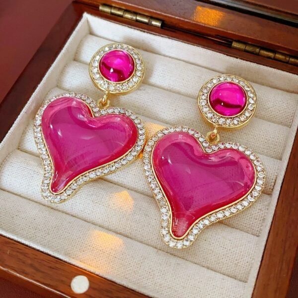 Big Dangle Earrings Rhinestone Inlaid Resin Pink Heart Shape - Image 2