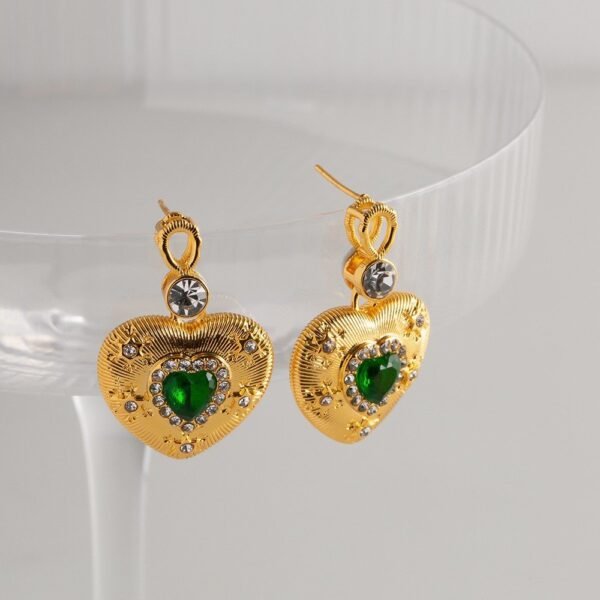 Dainty Heart Shape Pendant Necklace Dangle Earrings Green Rhinestone Inlaid Adjustable Ring Jewelry Set - Image 4