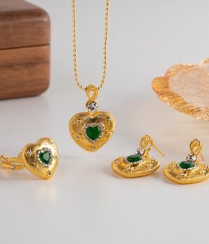 Dainty Heart Shape Pendant Necklace Dangle Earrings Green Rhinestone Inlaid Adjustable Ring Jewelry Set