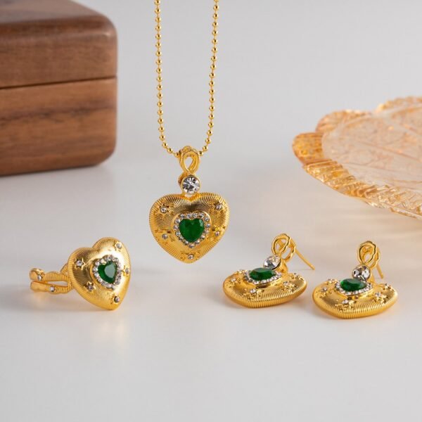 Dainty Heart Shape Pendant Necklace Dangle Earrings Green Rhinestone Inlaid Adjustable Ring Jewelry Set