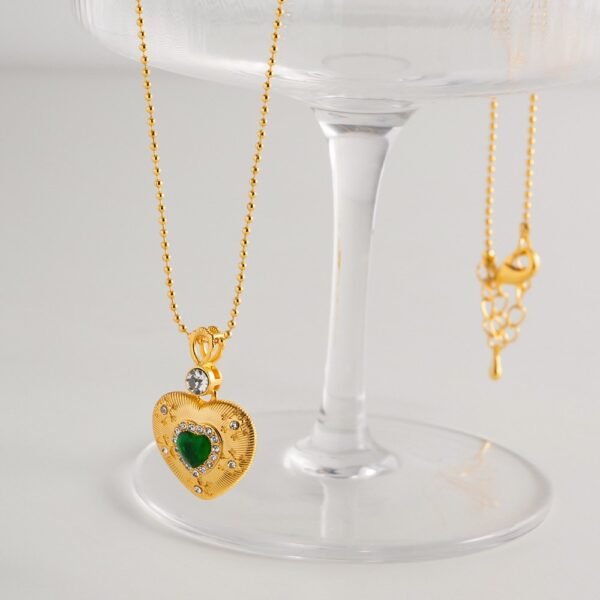 Dainty Heart Shape Pendant Necklace Dangle Earrings Green Rhinestone Inlaid Adjustable Ring Jewelry Set - Image 3