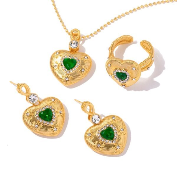 Dainty Heart Shape Pendant Necklace Dangle Earrings Green Rhinestone Inlaid Adjustable Ring Jewelry Set - Image 2