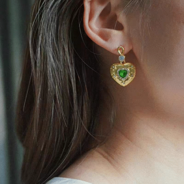 Dainty Heart Shape Pendant Necklace Dangle Earrings Green Rhinestone Inlaid Adjustable Ring Jewelry Set - Image 6