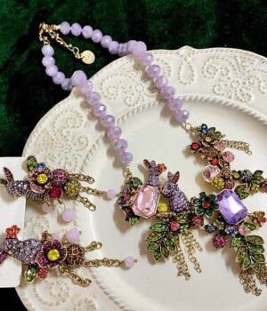 Colorful Rhinestone Inlaid Vintage Style Cute Rabbit with Flower Pendant Necklace Pink Beaded Chain Big Rhinestone Inlaid Omega Post Part Stud Earrings