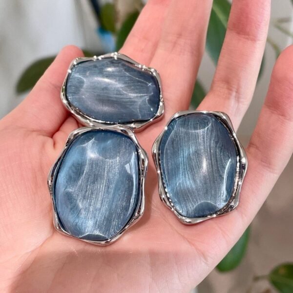 Big Stud Earrings Water Ripple Design Round Shape Adjustable Size Ring Jewelry Set Blue / Gray Color