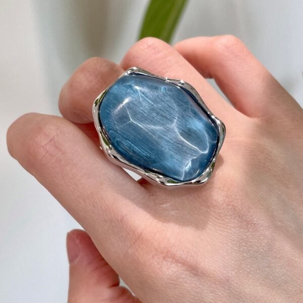 Big Stud Earrings Water Ripple Design Round Shape Adjustable Size Ring Jewelry Set Blue / Gray Color - Image 5