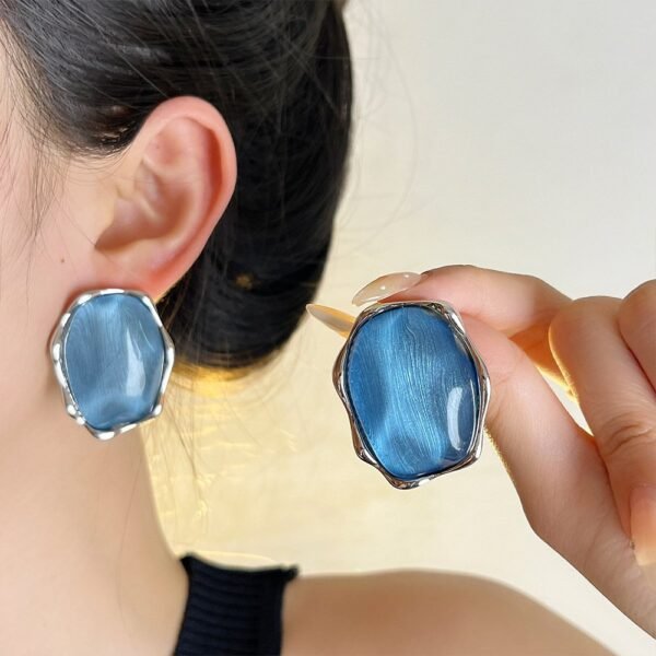Big Stud Earrings Water Ripple Design Round Shape Adjustable Size Ring Jewelry Set Blue / Gray Color - Image 3