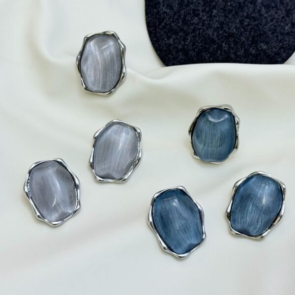 Big Stud Earrings Water Ripple Design Round Shape Adjustable Size Ring Jewelry Set Blue / Gray Color - Image 2