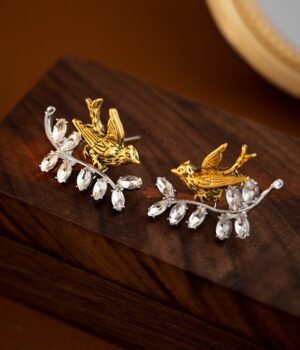 Little Gold Color Bird Stud Earrings with Rhinestone Inlaid