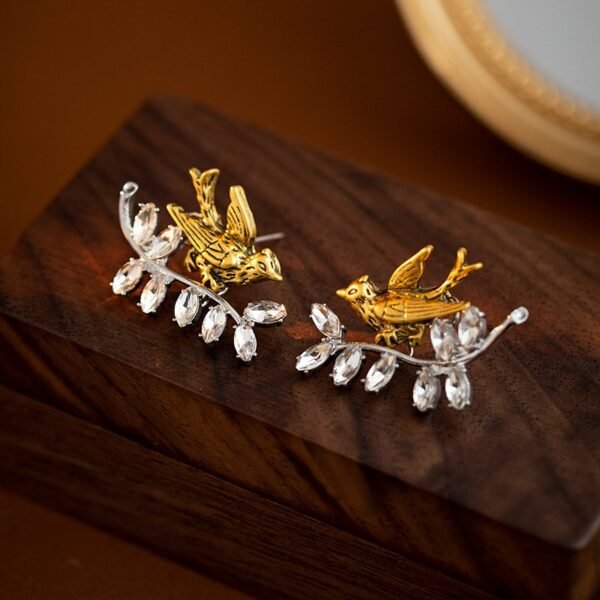 Little Gold Color Bird Stud Earrings with Rhinestone Inlaid