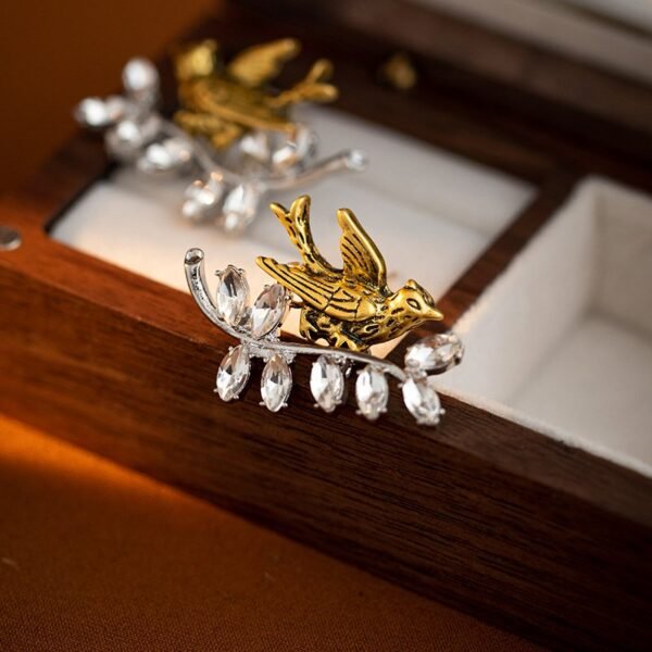 Little Gold Color Bird Stud Earrings with Rhinestone Inlaid - Image 3