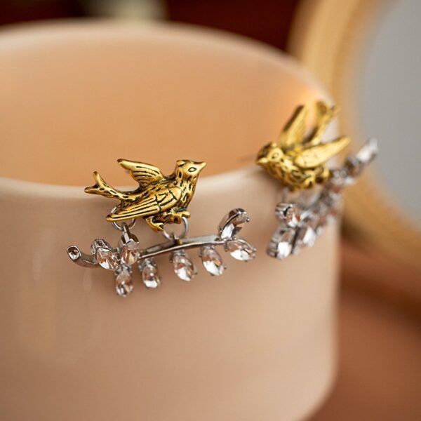 Little Gold Color Bird Stud Earrings with Rhinestone Inlaid - Image 7