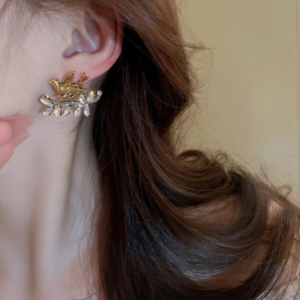 Little Gold Color Bird Stud Earrings with Rhinestone Inlaid - Image 4