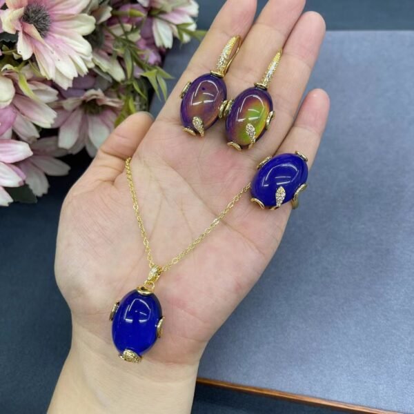 Mood Stone Dangle Earrings Necklace Ring Set Color Changing Temperature Sensing Jewelry Adjustable Size Ring - Image 2