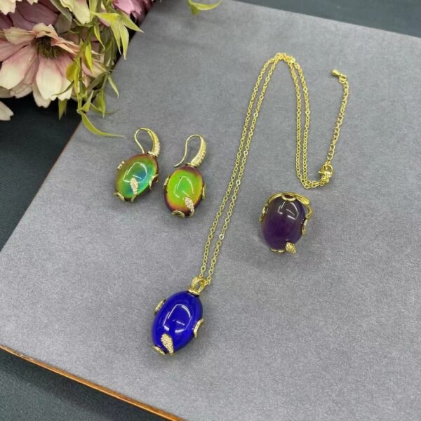 Mood Stone Dangle Earrings Necklace Ring Set Color Changing Temperature Sensing Jewelry Adjustable Size Ring - Image 4
