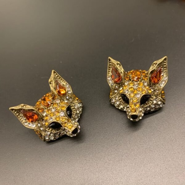 Vintage Style Animal Jewelry Set Fox Head with Yellow Glass Beaded Chain Rhinestone Inlaid Necklace Stud Earrings - Image 5